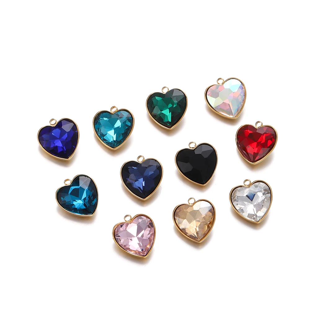 5Pcs/Lot Stainless Steel Heart Glass Charms Pendants for Necklace Materials Findings Bracelets Bulk DIY Fashion Jewelry