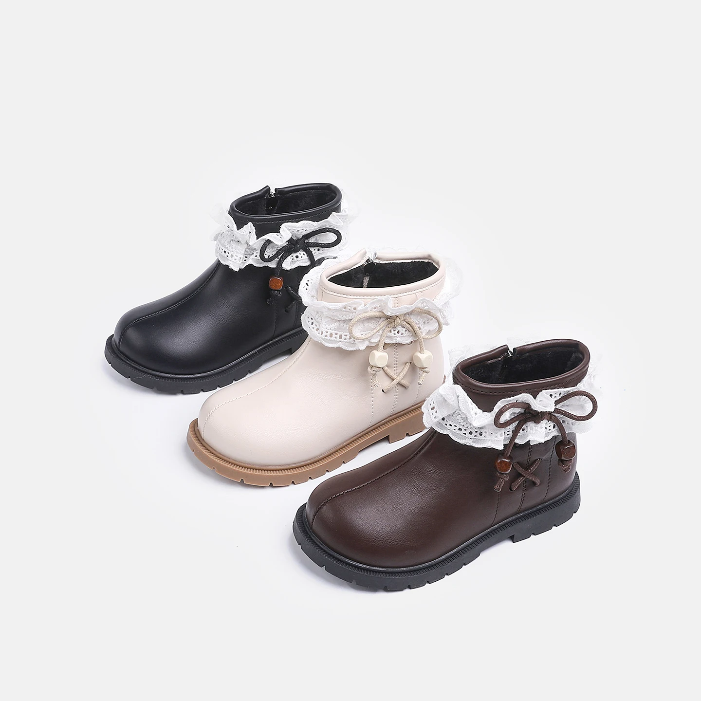 Girls Lace Ruffle Ankle Boots, Toddler Kids Winter Fleece Lined Short Boots, Bow Bead Decor Side Zipper Non-Slip Boots