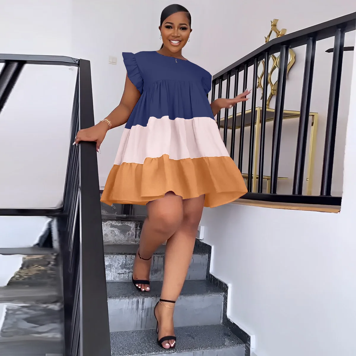 Sister Star Women's Spring and Summer Comfortable Casual Round Neck Ruffled Sleeve Color Collision Splicing Hem Loose Dresses