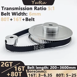 2GT 2M 16 80Teeth GT2 16T 80T 5:1 Timing Pulley Belt Set Bore 3~25mm Belt Width 6mm Tensioning Wheel Synchronous Pulley Belt Kit
