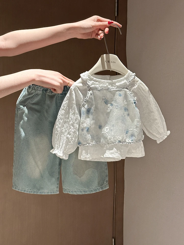 キュートで甘いレースのポルカドット柄3点セット-女の子用-春デニムコーデ-ベビー服-新着-快適で通気性のある素材