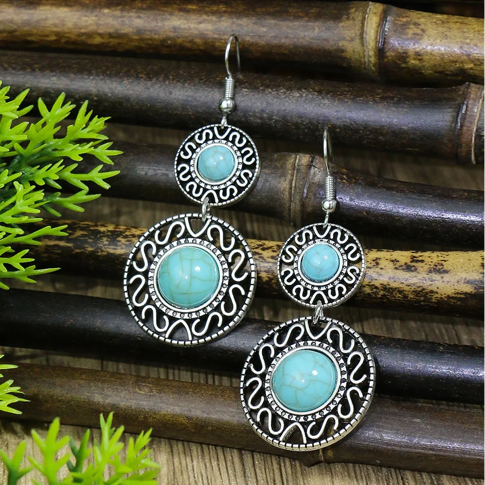 Turquoise Earrings New Bohemian Tassel Earrings Geometric Alloy Retro Style Women\'s Antique Jewelry Exaggerating Earrings