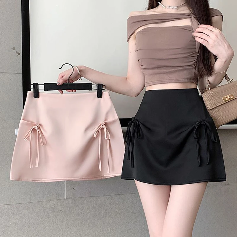 

Elegant Satin Mini Skirt Women High Waist Sweet Preppy with Butterfly Lace Up Tutu Skirt Summer Casual Anti Exposure Dance Skirt