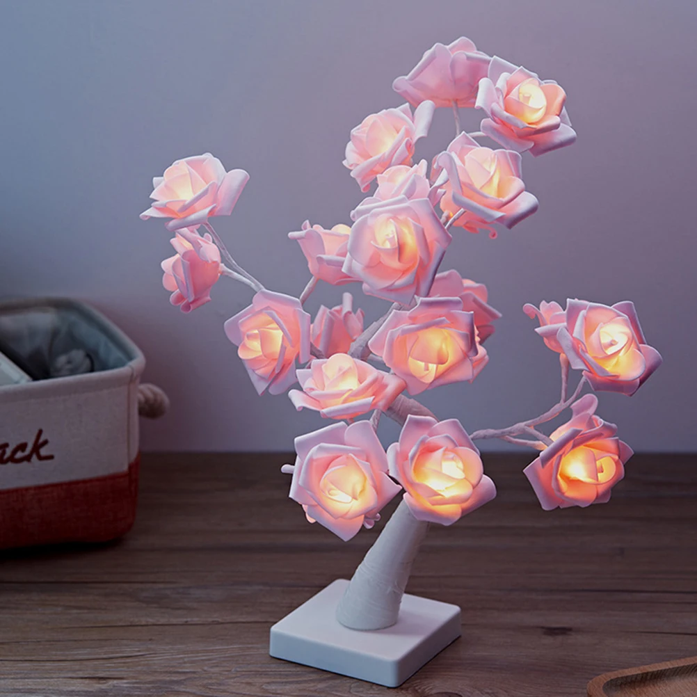 

Rose Tree Lamp White Trunk Pink Roses 3D Design Romantic Decor Bedroom Table Night Light Gifts Valentine Christmas