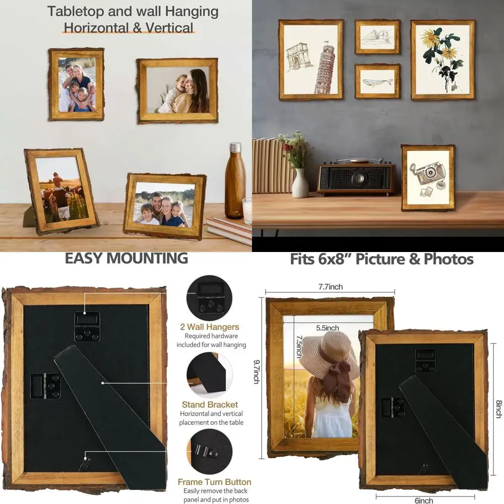 

Рустикальная рамка для фотографий из массива дерева 6x8 с краями под кору, с настоящим стеклом, для настенного крепления, в стиле фермерского дома (5 штук)