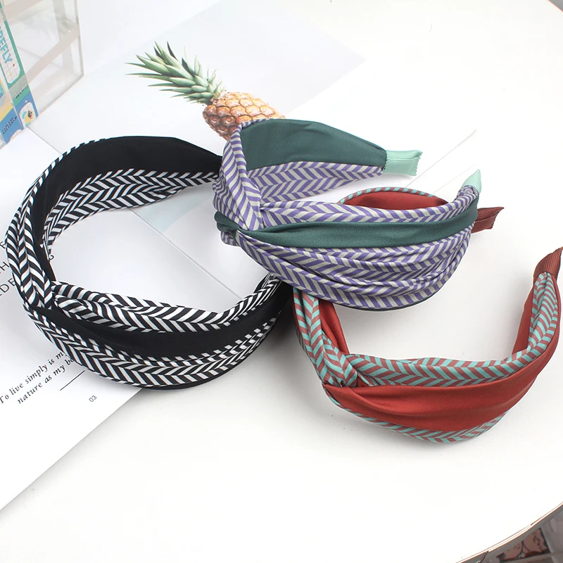 Fashion Vintage Matching Hairhoop Contrast Color Wide Edge Press Hair Clip Stripe Knot Headband Twist Ladies Hairband Headwear