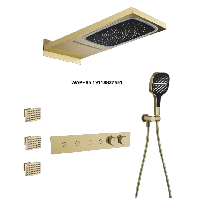 النحاس 4 وظيفة درجة حرارة ثابتة زر دش مخفي مجموعة LED مربع شلال المطر دش أعلى رذاذ