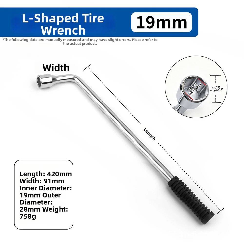 Manual Tire Wrench in L-Shape Configuration with Chrome Vanadium Construction Deep Socket and Rubberized Ergonomic Handle