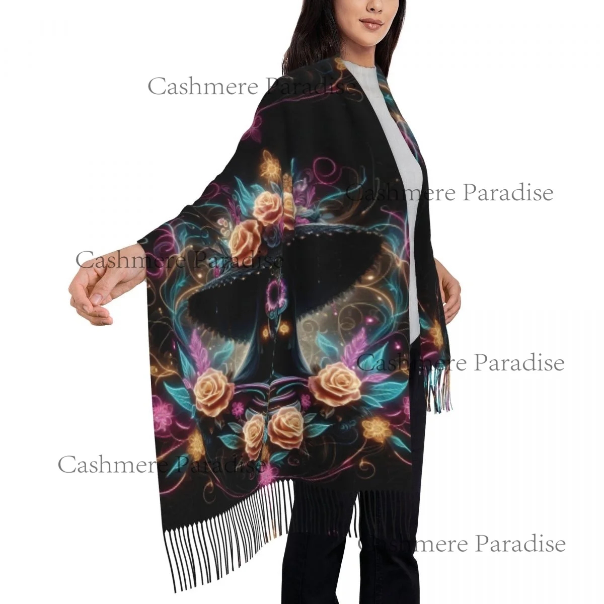 المكسيك الجمجمة امرأة خمر نمط المرأة الباشمينا شال يلتف هامش وشاح طويل كبير وشاح #2