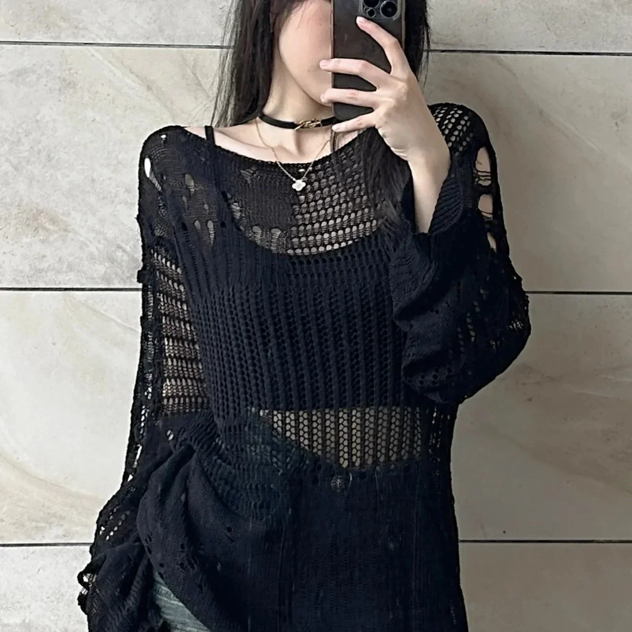 Hollow Knit Blouse Summer Loose Fitting Long Sleeve Thin Sweater Women's Korean Casual Tops Black Vintage Gothic Blouses