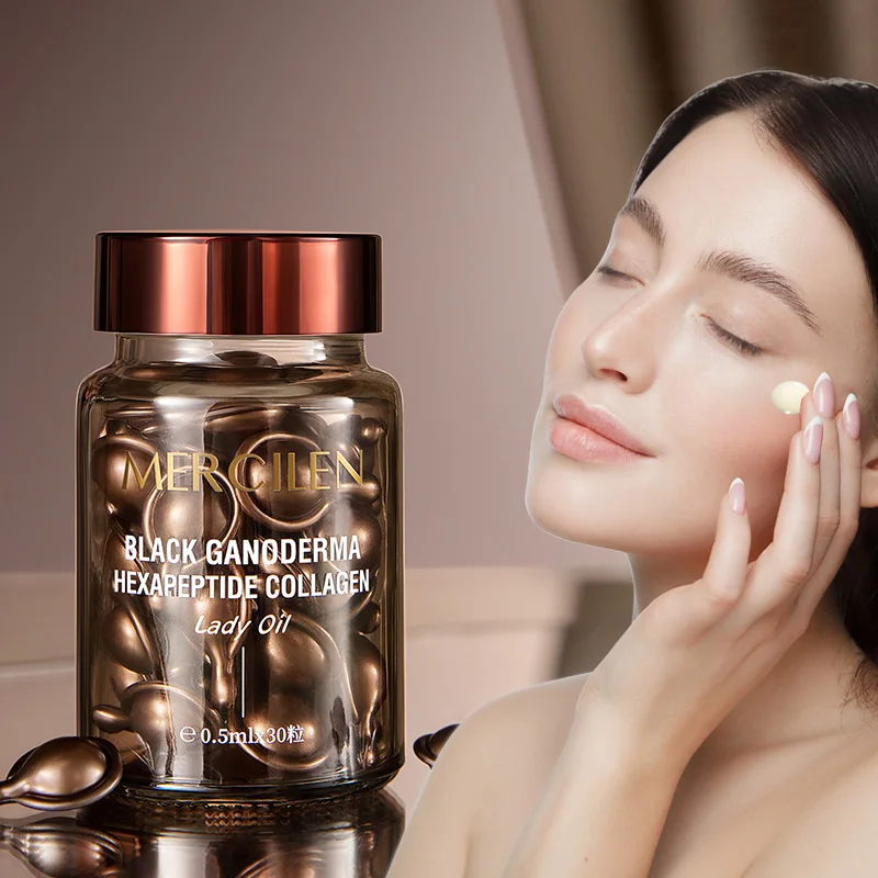 Mengxi Blue Black Ganoderma Collagen Firming and Moisturizing Essence Oil 0.5ml*30 Capsules, Contains Vitamin E and Plant-Based Squalane to Moisturize and Brighten Facial Skin, Making Skin Look Younger, Suitable for All Skin Types, Compact and Convenient for Travel