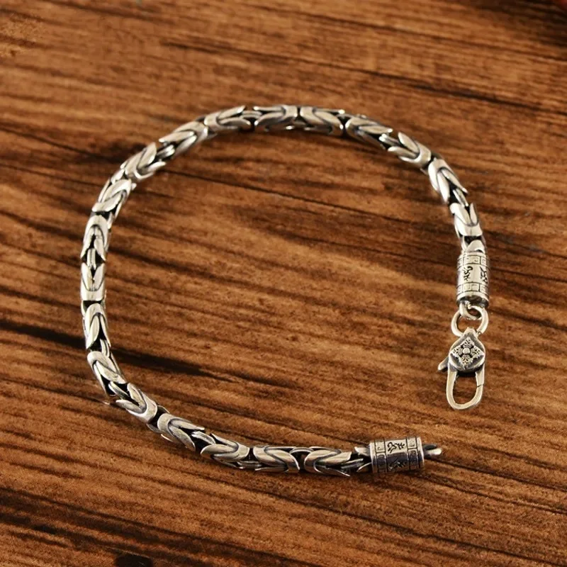 

2023 New Real s925 Pure Silver Jewelry Retro Peace Pattern Couple Style Trendy Men's and Women's Bracelets