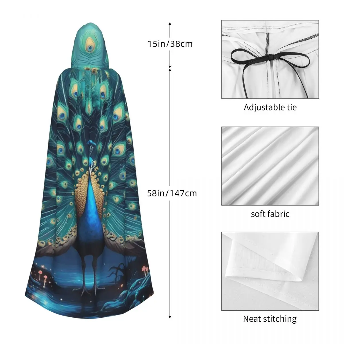 เสื้อคลุมยาวมีฮู้ดลายขนนกยูงสุดอลังการ ชุดแม่มดยุคกลาง คอสเพลย์ เสื้อคลุมฮาโลวีน แวมไพร์ สำหรับผู้ใหญ่ ทุกเพศ