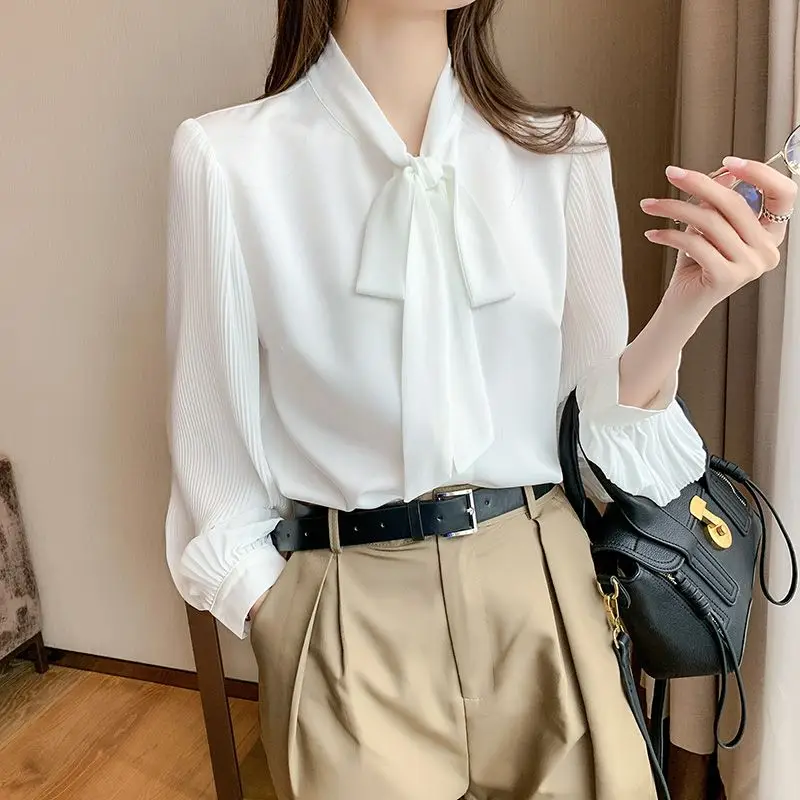 Bow White Shirt for Women Spring Autumn New Long Sleeve Chiffon Solid Loose Temperament Blouse Office Fashion Women Clothing