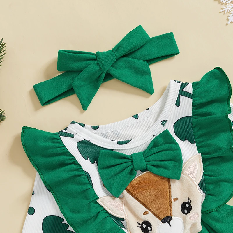 Baby Girl Christmas Romper Dress Reindeer Patch Ruffle Long Sleeve Jumpsuit with Solid Headband 2 Pcs Set