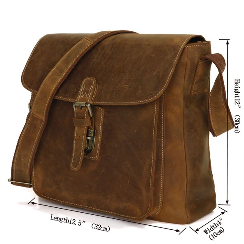 Vintage Full Grain Crazy Horse Genuine Leather Messenger Bag for Men Shoulder Bag Sling Crossbody Bag Casual Leisure Bag Brown