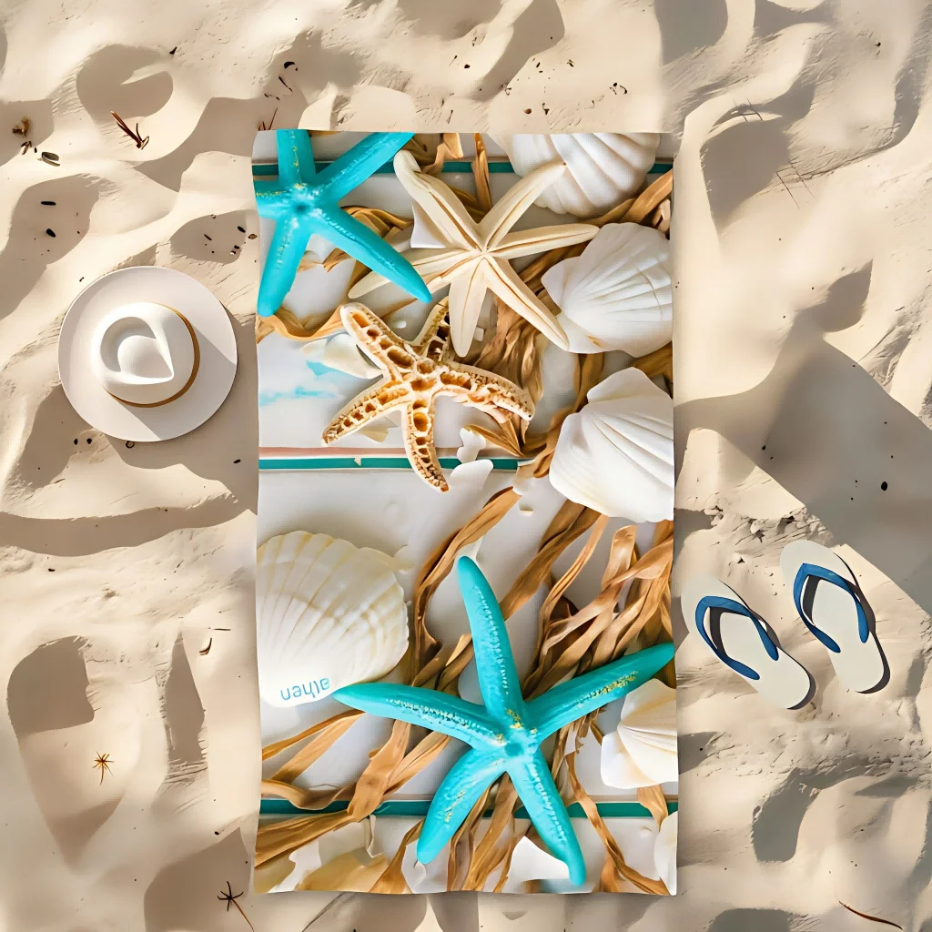 1pc Starfish & Shells Beach Towel, Soft Absorbent Quick-Dry, Ideal for Summer Beach Swimming Camping Bath Travel Pool Outdoor