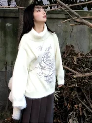 Japońskie słodkie swetry żakardowe luźne swetry z dzianiny Grunge w stylu Harajuku 2023 zima Y2k estetyczne damskie swetry w stylu Vintage