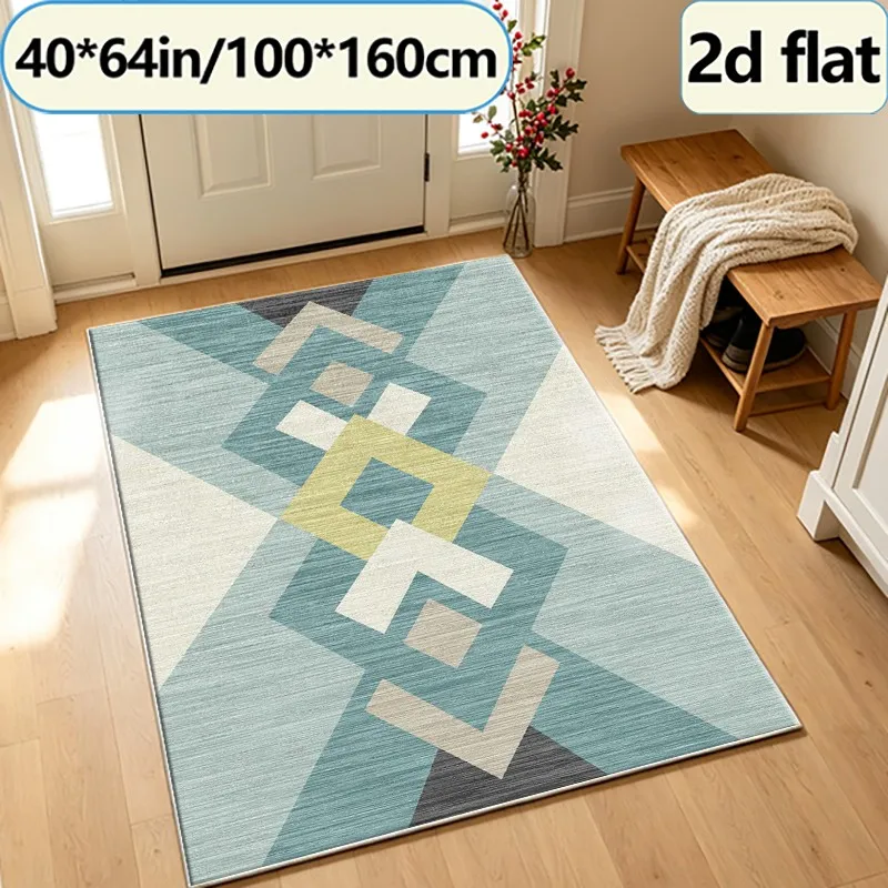 Teal Beige Bohemian Style Diamond Geometric Pattern Rug, Mid-Century Bohemian Style Rug, Suitable for Living Room, Bedroom, Home Art Decoration