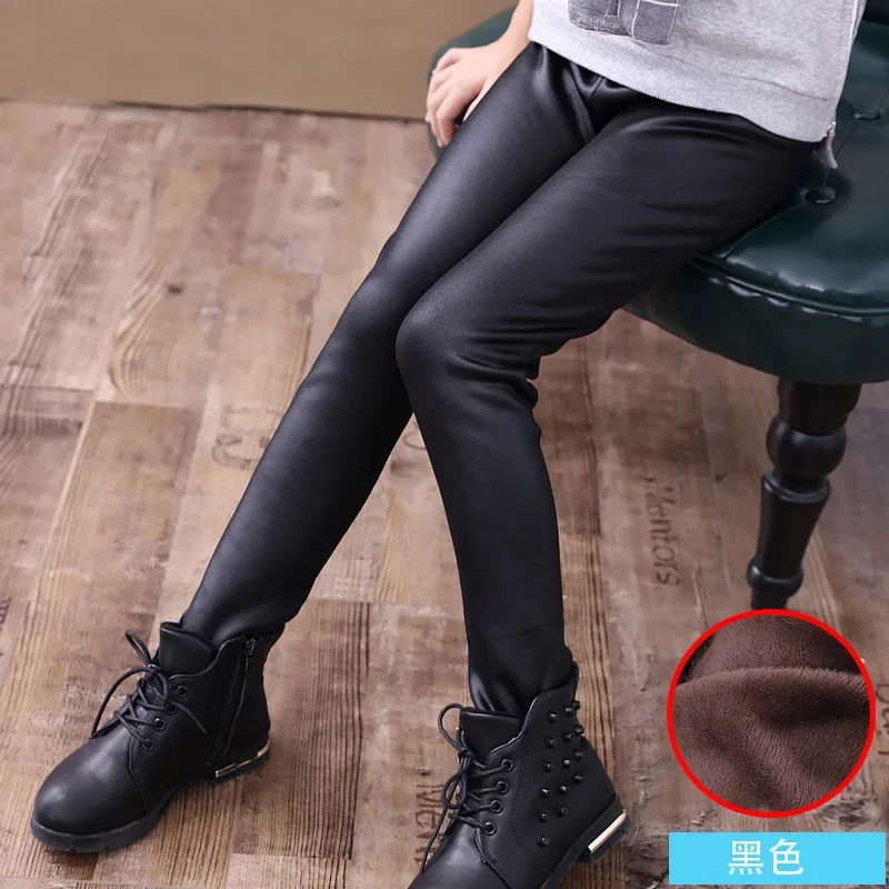 New Fashion Leather Girls Thick Leggings Winter Faux Leather Pants Trousers Kids Knitting Imitation Leather Warm Leggings