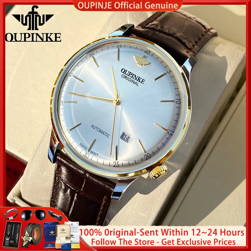 OUPINKE 3269 Men Watch Luxury Swiss Ultra Thin 7.3mm Automatic Movement Mechanical Watch Brand High Genuine Leather Men Watch