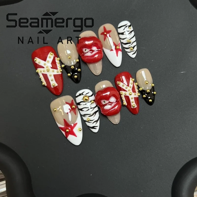 

10 шт. Накладные ногти ручной работы с зебровым принтом, милые и стильные, с 3D-рисунком красных звезд и губ, миндалевидные, французские, Y2K маникюр