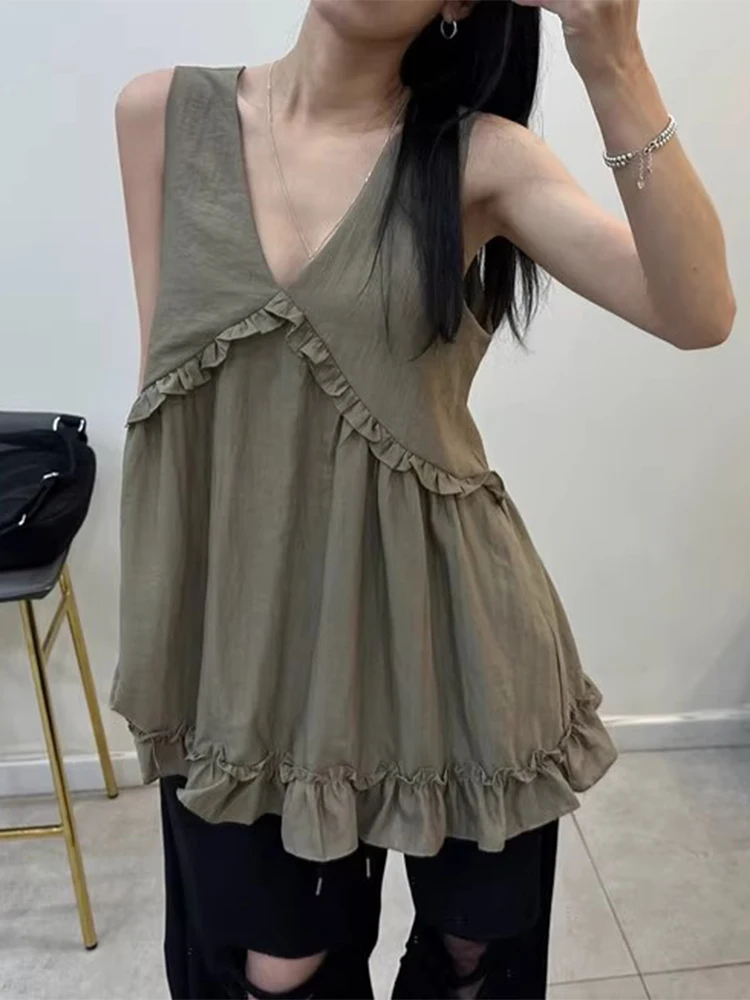 

Gagarich Retro Patchwork Fungus Lace Sleeveless Vest Women Summer New Style French Temperament V-neck Shirt Top
