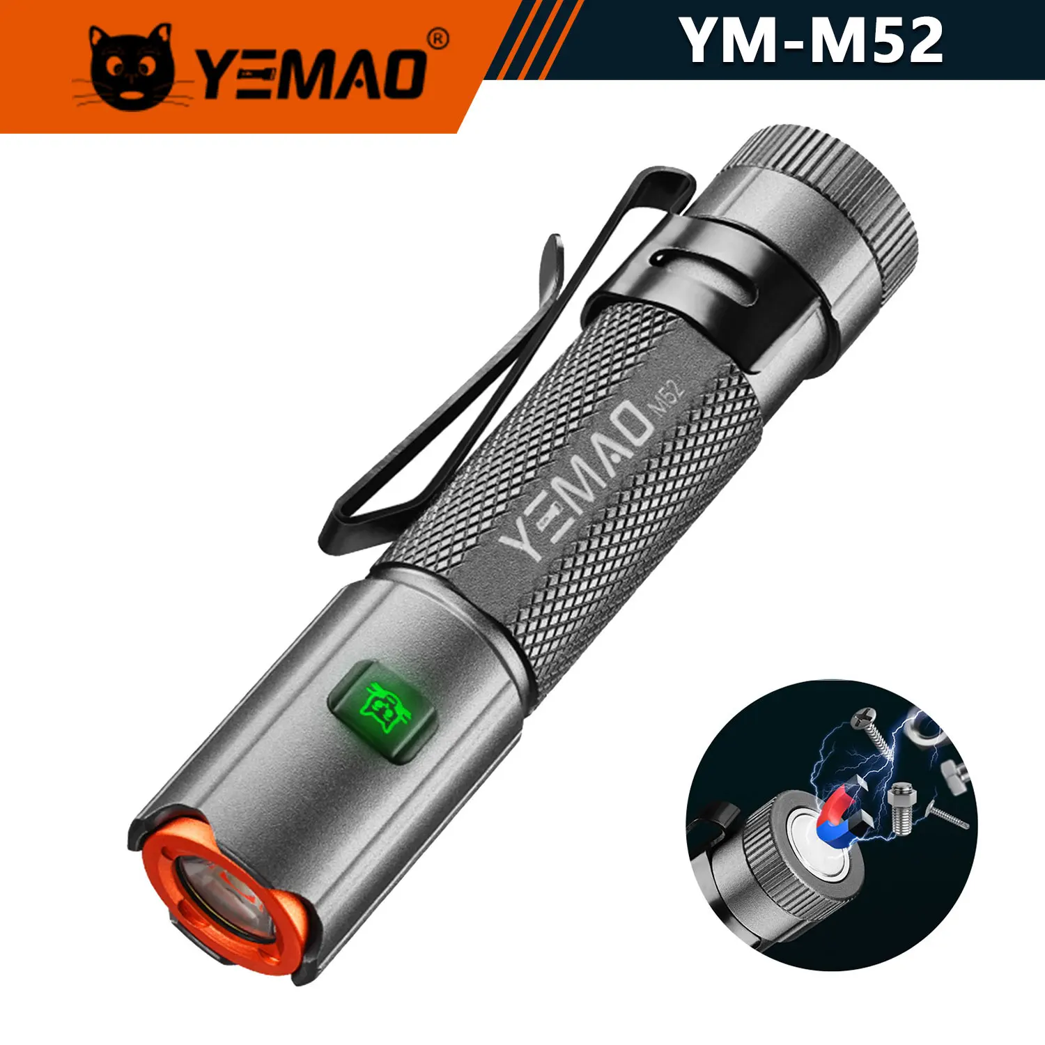 

YEMAO M52 Mini Flashlight 1500LM XHP35 Frog Lens, IPX4 Magnetic Tail/Side Clip & Type-C for Camping/EDC (14500A)
