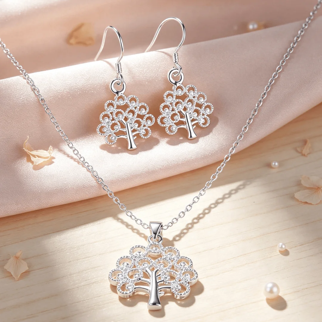 Original designer 925 Sterling Silver Classic Tree of Life Necklace Earrings Jewelry Sets for Women Fashion Wedding Engagement