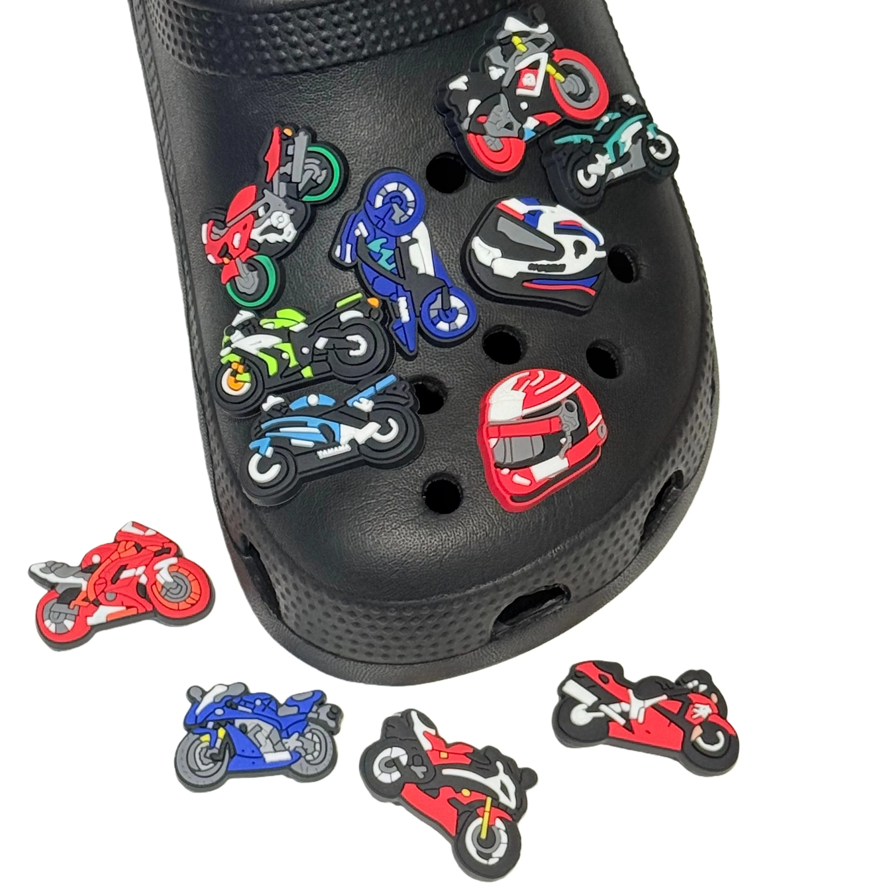 Wholesale 12-50Pcs Motorcycle Helmet PVC Shoe Charms Cool Man Clog Buckle Accessories For Birthday Gifts