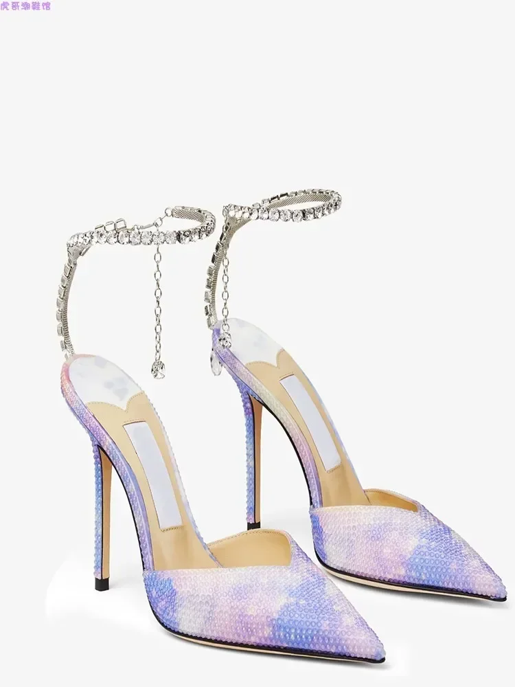 2024 New Water Diamond Chain Transparent Full Sky Star Exquisite High Heel Shoes With Thin Heels And V-shaped Buckle Sandals