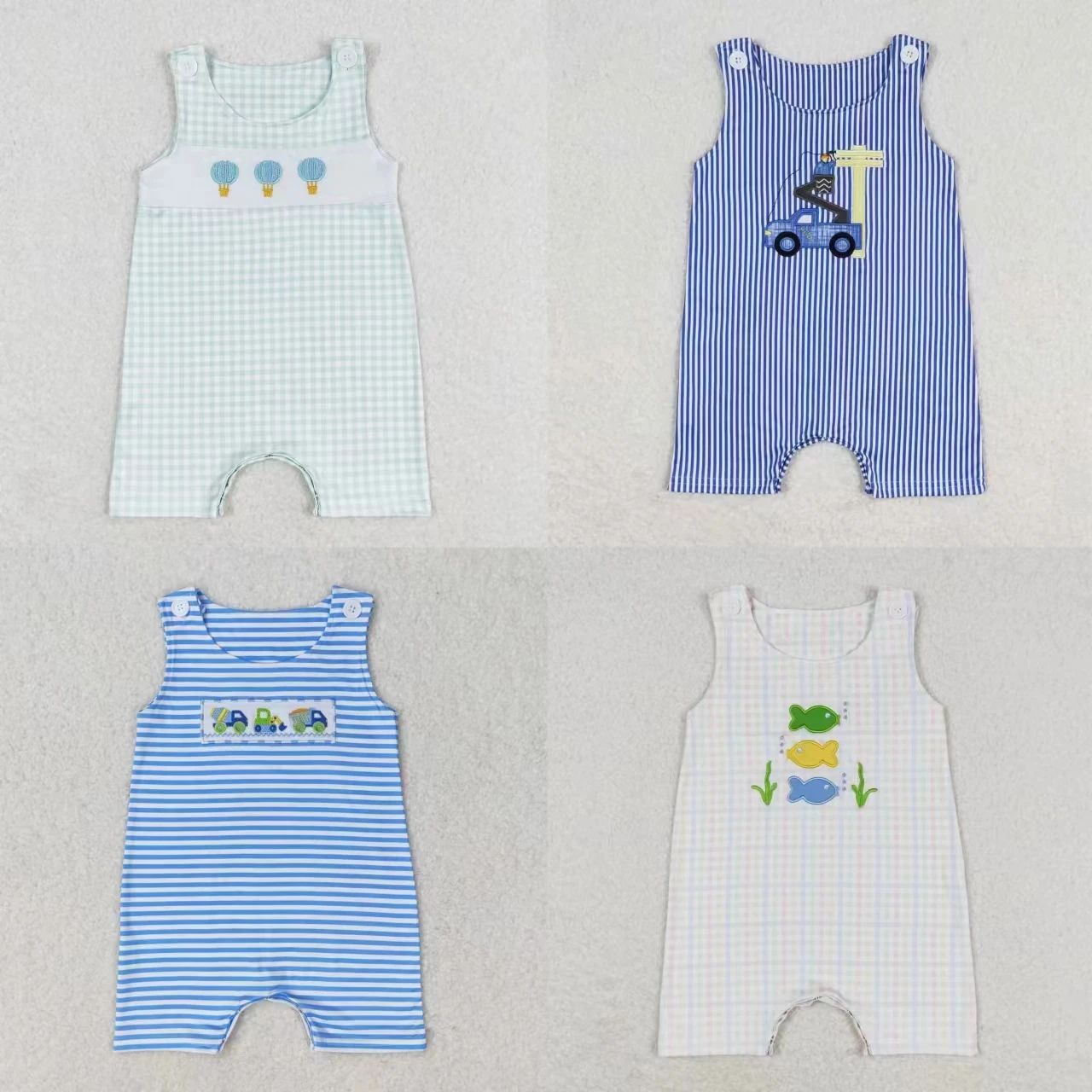 Wholesale Kids Newborn Embroidery Fish Trucks Sleeveless One-piece Coverall Bodysuit Baby Boy Toddler Romper Jumpsuit Clothing