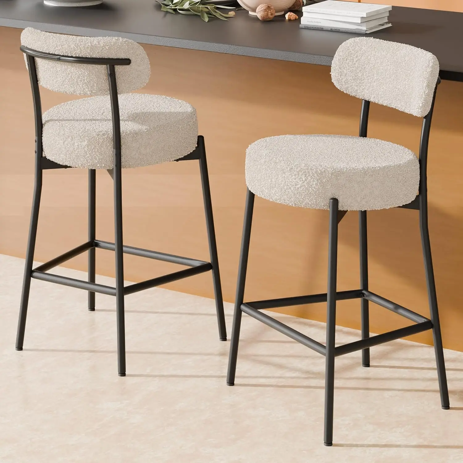 24'' Bar Stools Set Of 2, Boucle Counter Height Bar Stools Modern Barstools Counter Stools With 4'' Thick Round Seat Tall Metal