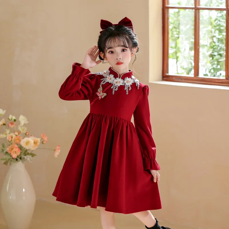 فستان الأميرة للفتيات 2025 فستان أطفال جديد نمط هانفو ملابس يومية لموسم الخريف والشتاء فستان شعور راقي