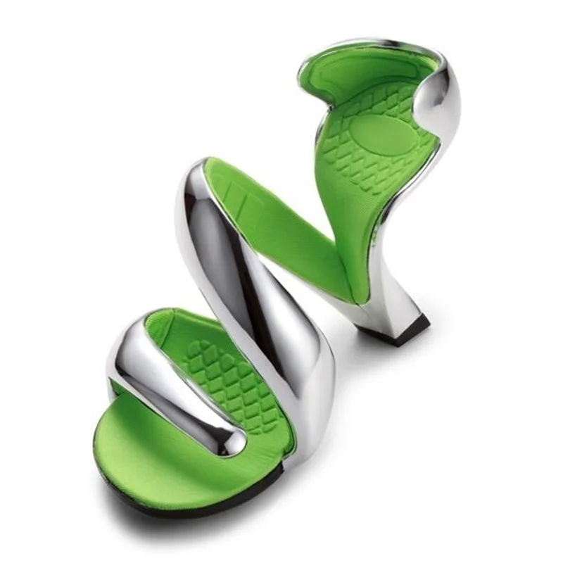 Unique S-shaped High Heel Sandals Green Silver Leather Strange Heel Runway Shoes Cutouts Serpentine Women Celebrating Dress Shoe