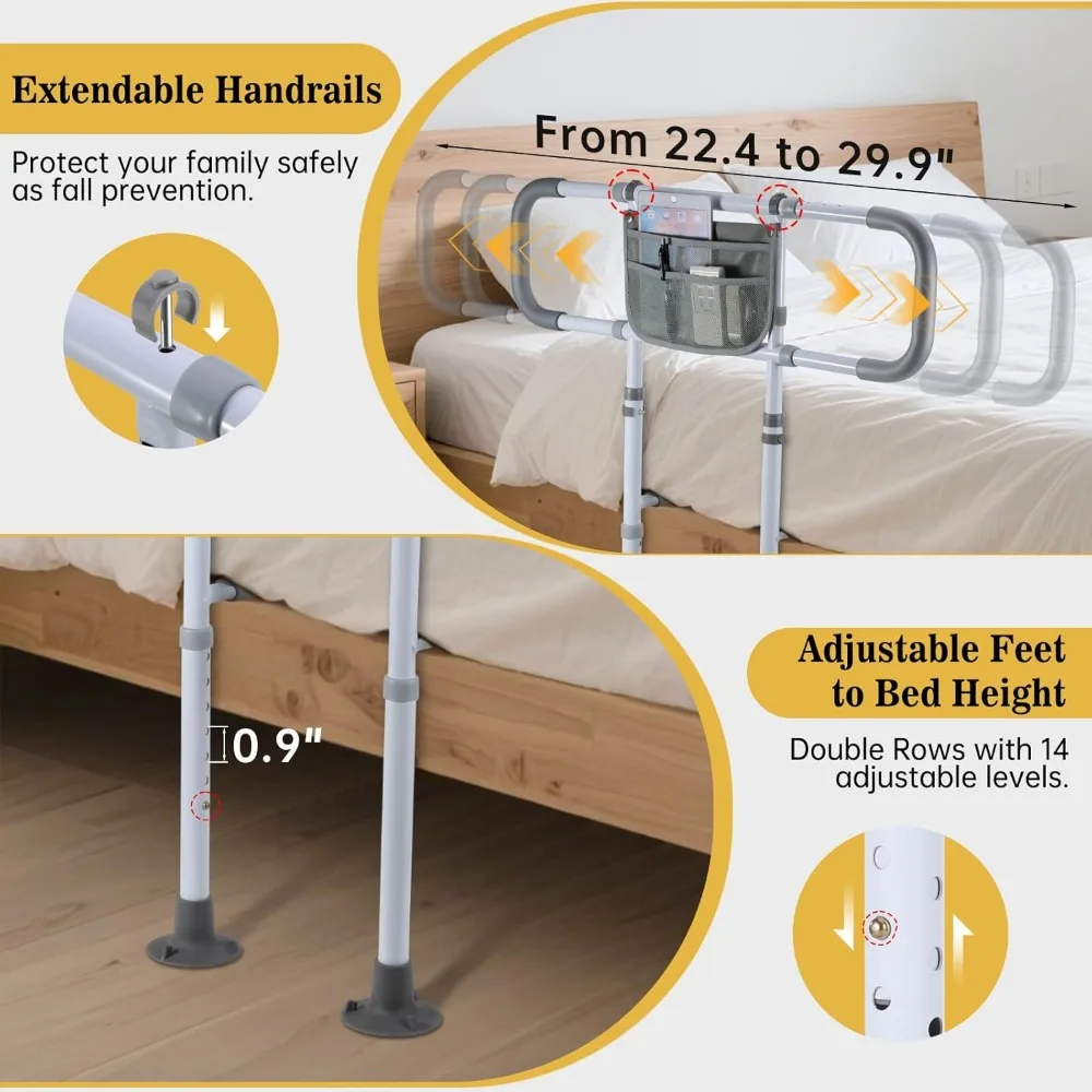 Adjustable Bed Safety Rail for Elderly Adults - Sturdy Support with Extended Handle, Fits King Queen Full Twin Beds