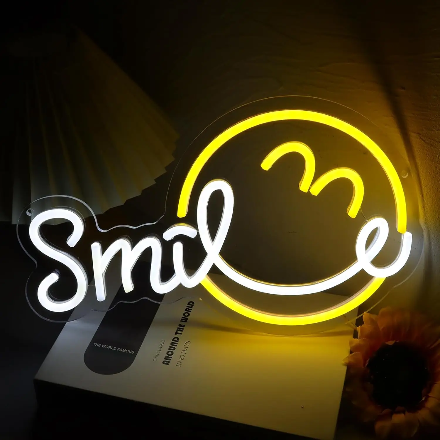 Smile Neon Sign LED Wall Art Yellow Happy Face Cursive Quote USB Powered Dimmable Acrylic Glow Lamp Home Bedroom Cafe Decor