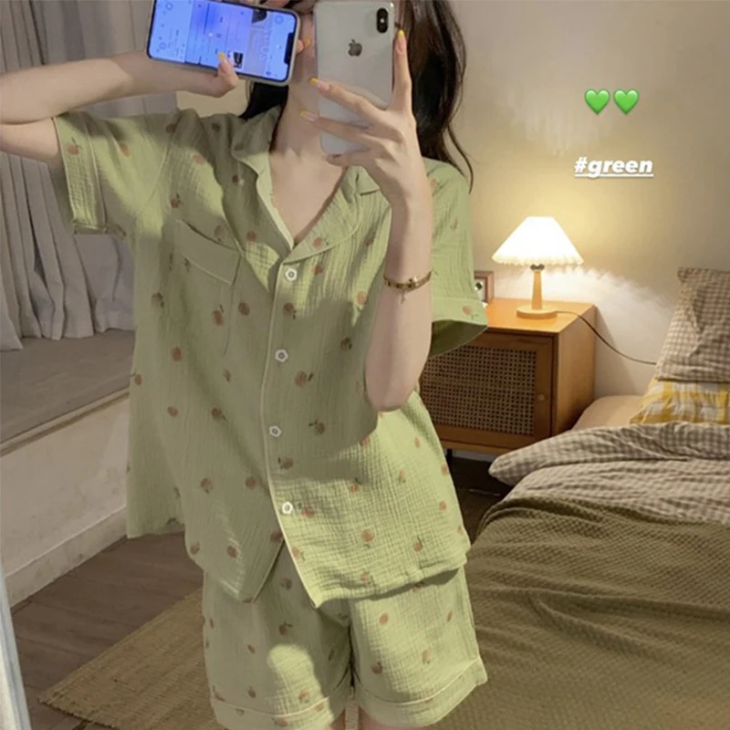 Women\'s Pajamas Set Foam Cotton Sleepwear Button down Tops and Shorts Pajama 2 Piece Suit Femme Nightwear Loungewear for Summer