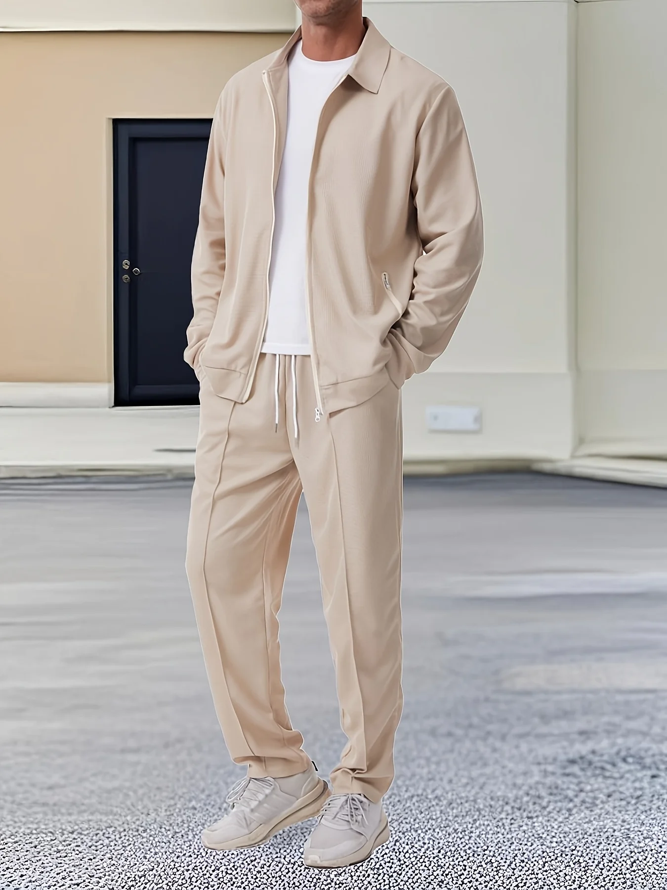 Conjunto deportivo de 2 piezas de manga larga de color sólido para hombre, conjunto de chaqueta y pantalones con cremallera, adecuado para deportes al aire libre