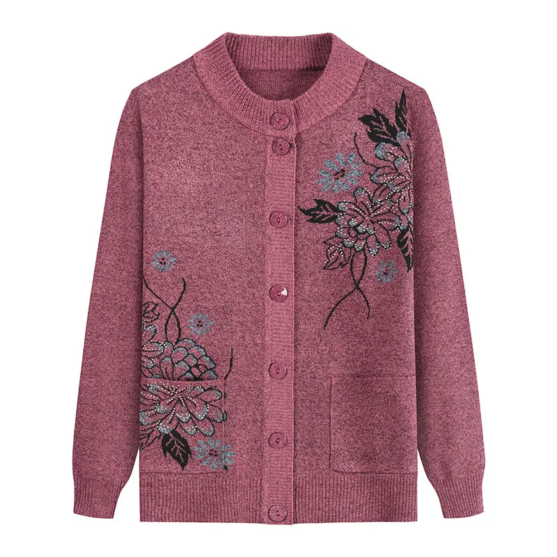 

Autumn Winter Pink Knitted Cardigan Long Sleeve Women Clothing Sweater Warm Diamonds Floral Print Single-breasted Coat Jumper