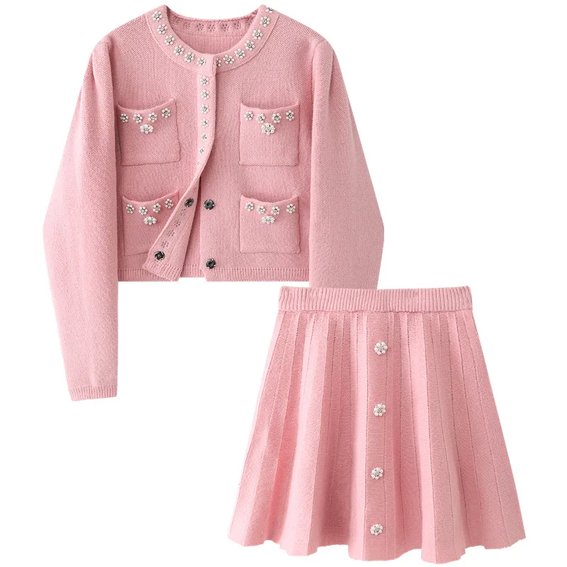 Elegant Small Fragrance Knitted 2-Piece Set Women\'s Spring and Autumn New Pearl Decoration Outfit Short Cardigan+Pleated Skirt