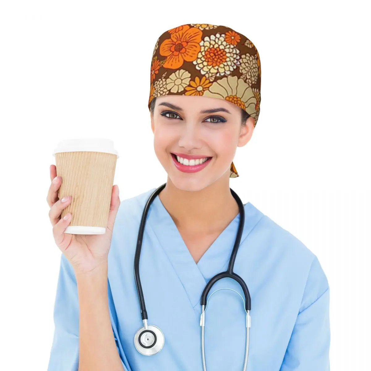 70s ريترو الإقحوانات خمر زهرة الطاقة البرتقال والبني بوهو فرك قبعة الطبيب العمل قبعة جراحية قبعات التمريض لطبيب الأسنان