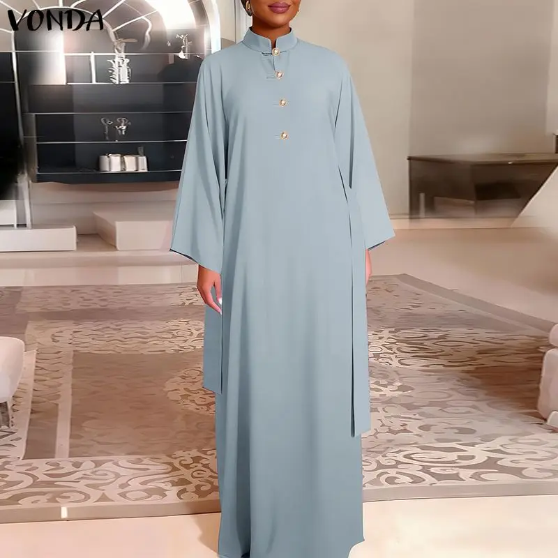 

Plus Size VONDA Fashion Women Dresses Long Sleeve Party Vestidos Robe Pleated Casual Bandage Solid Stand Collar Elegant Sundress