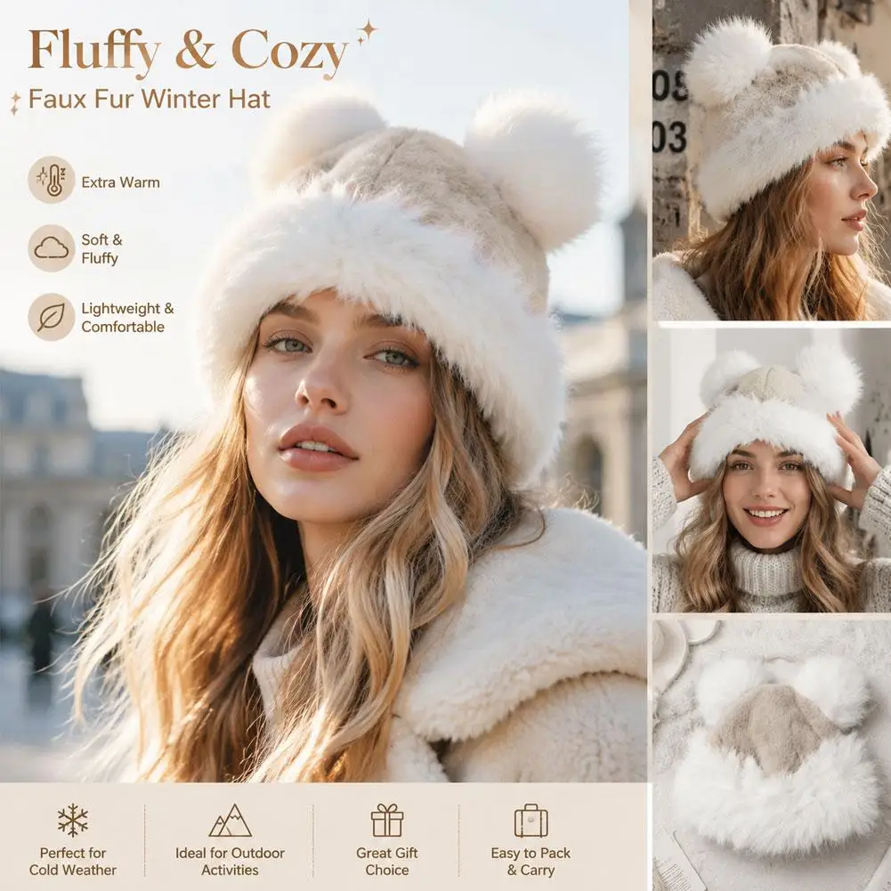 Fashion Autumn Winter Fur Panama Bucket Hat Panda Ear Ball Plush Fisherman Hat Soft Warm Thick Basin Hat Protection Bucket Hats