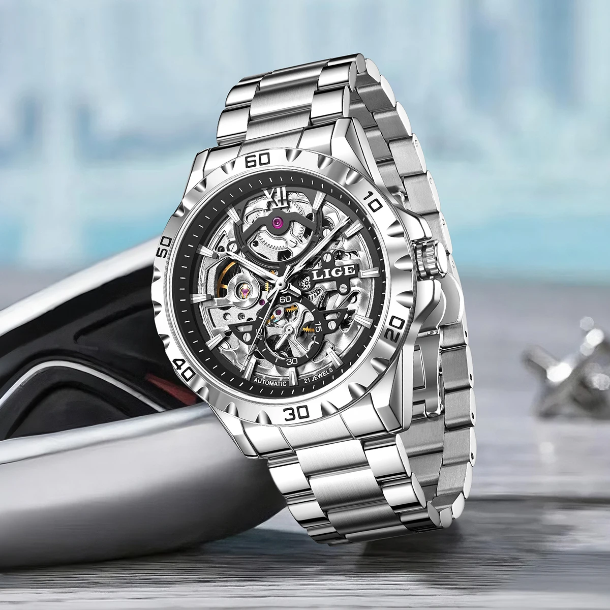 LIGE جديد الرجال ساعات المعصم الميكانيكية موضة الجوف الهيكل العظمي ساعة أوتوماتيكية للرجال عادية الأعمال الرياضة مقاوم للماء ساعة الرجال