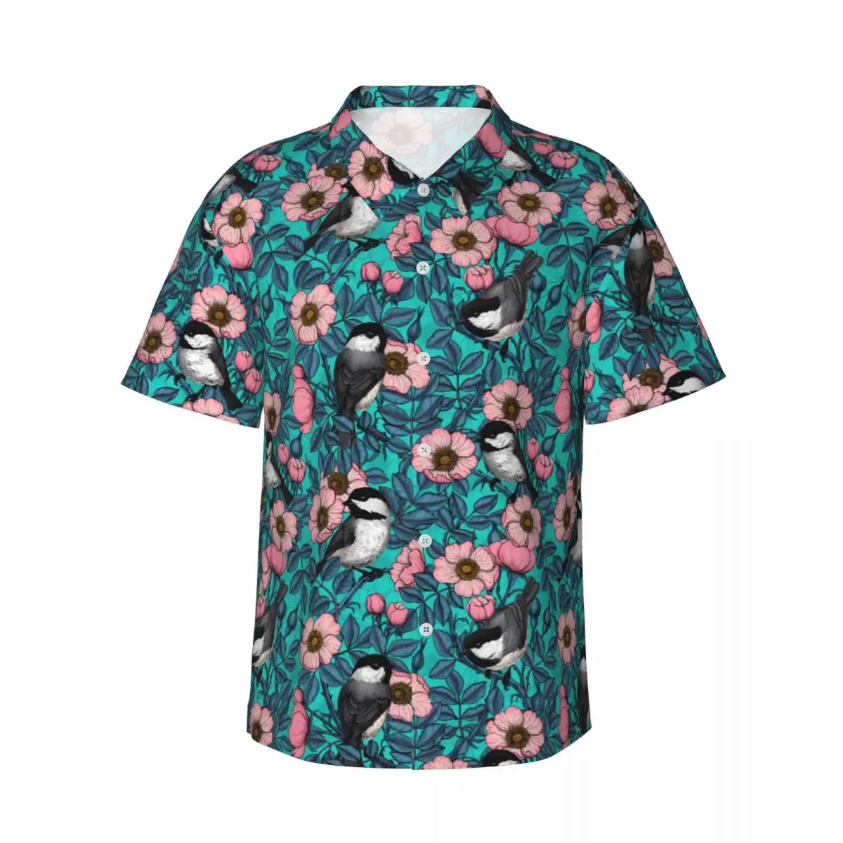 

Birds Flower Print Casual Shirt Pink And Blue Rose Retro Summer Shirts Man Short-Sleeve Vacation Fashion Design Oversize Blouses