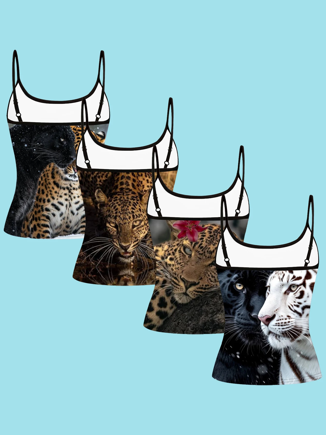 4-Piece Set of Women's Animal Print Spaghetti Strap Camisoles with Realistic Leopard, Panther, and White Tiger Designs, Slim-Fit Base Layer Tops