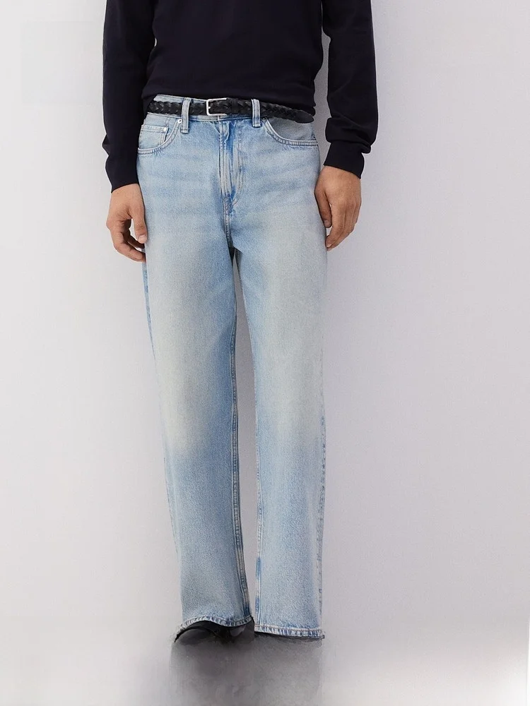 

H&M Men's Cotton Denim Jeans mid Waist Wide Leg Thick Black Loose Straight Casual Trousers Comfortable Fit Youth Fashion