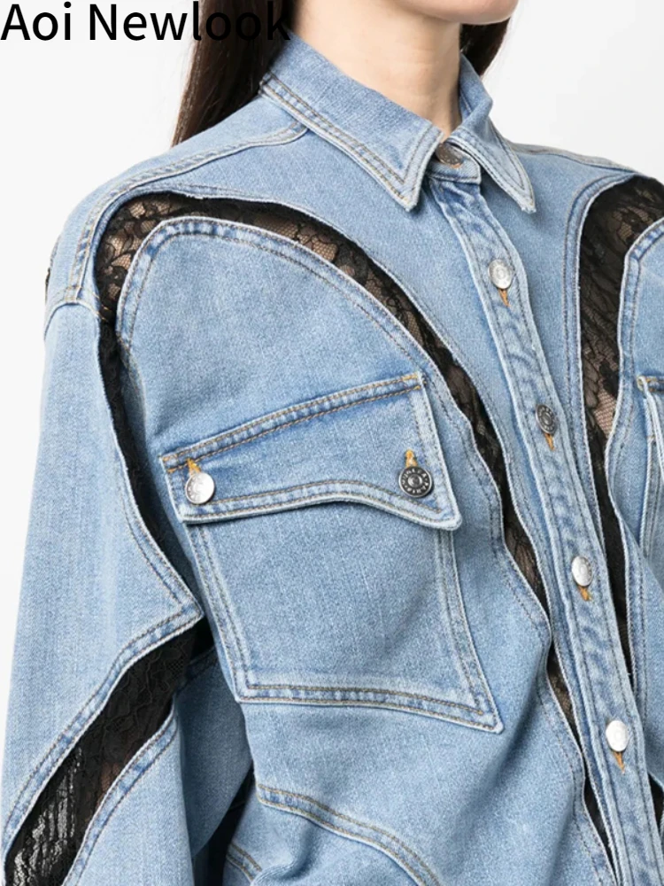 Aoi Lace Splicing Shirt Women's Denim Jacket 2023 Summer New Women's Coat High Quality Cotton Long Sleeved Top Y2k Clothing