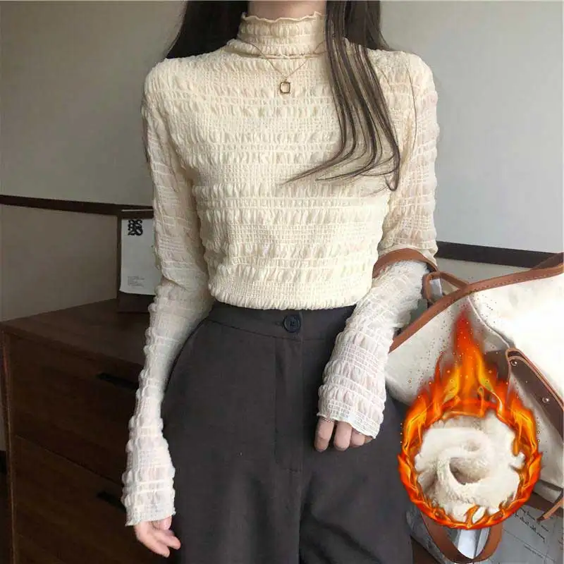 

plus Size Women's Fleece Lined Thickened Long Sleeve Lace Base Shirt Spring Autumn Slimming Color Inner Wear T-shirt
